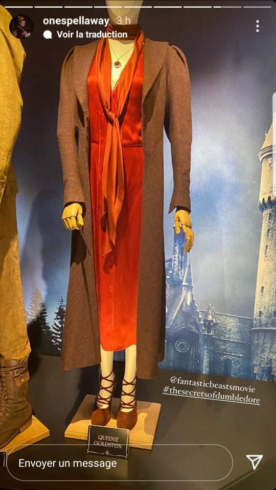 A photograph of Queenie Goldstein’s costume from “Secrets of Dumbledore,” on display at Warner Bros. Studio Tour London, is shown in a screenshot of an Instagram story from @onespellaway. Photography by @hopeocean.
