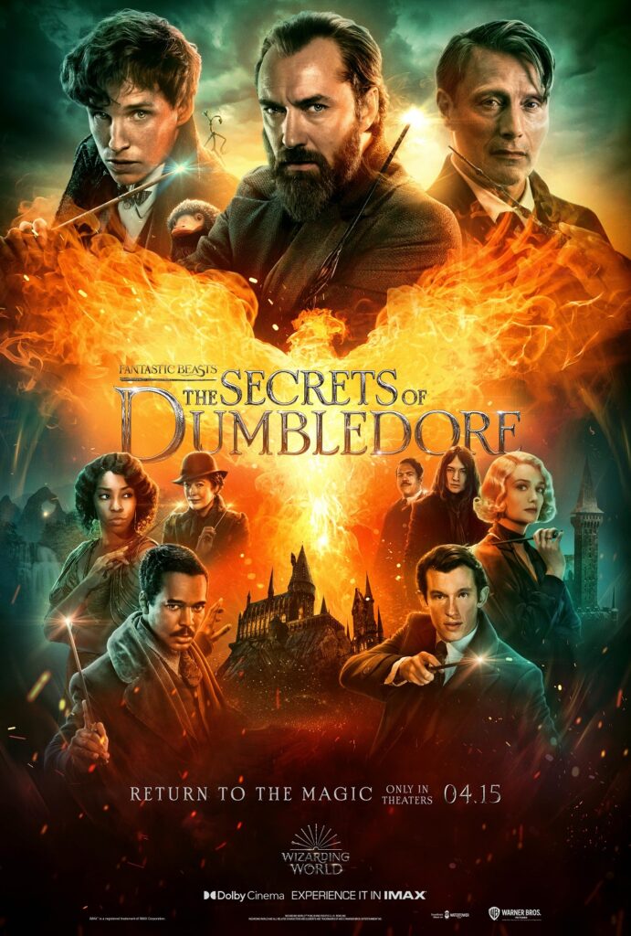 "Secrets of Dumbledore" one-sheet poster featuring Newt, Dumbledore, Grindelwald, Lally, Yusuf, Bunty, Jacob, Credence, Theseus, and Queenie
