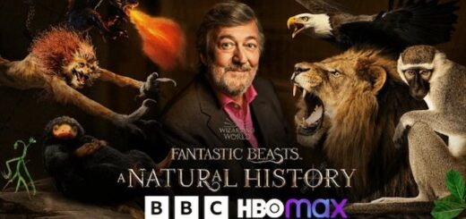 Stephen Fry surrounded by magical and Muggle creatures in promotion for "Fantastic Beasts: A Natural History."