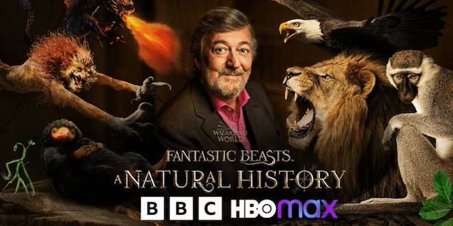 Stephen Fry surrounded by magical and Muggle creatures in promotion for "Fantastic Beasts: A Natural History."