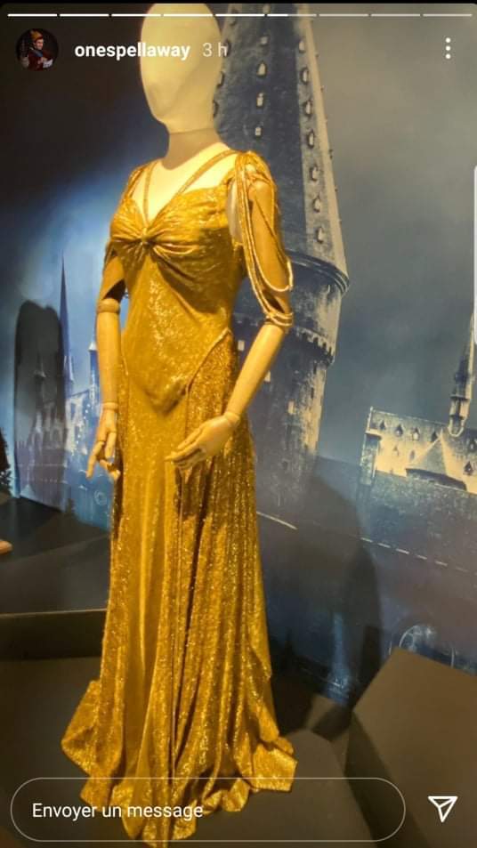 A second photograph of a costume, possibly that of Vicência Santos, from “Secrets of Dumbledore,” on display at Warner Bros. Studio Tour London, is shown in a screenshot of an Instagram story from @onespellaway. Photography by @hopeocean.