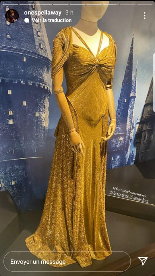 A photograph of a costume, possibly that of Vicência Santos, from “Secrets of Dumbledore,” on display at Warner Bros. Studio Tour London, is shown in a screenshot of an Instagram story from @onespellaway. Photography by @hopeocean.