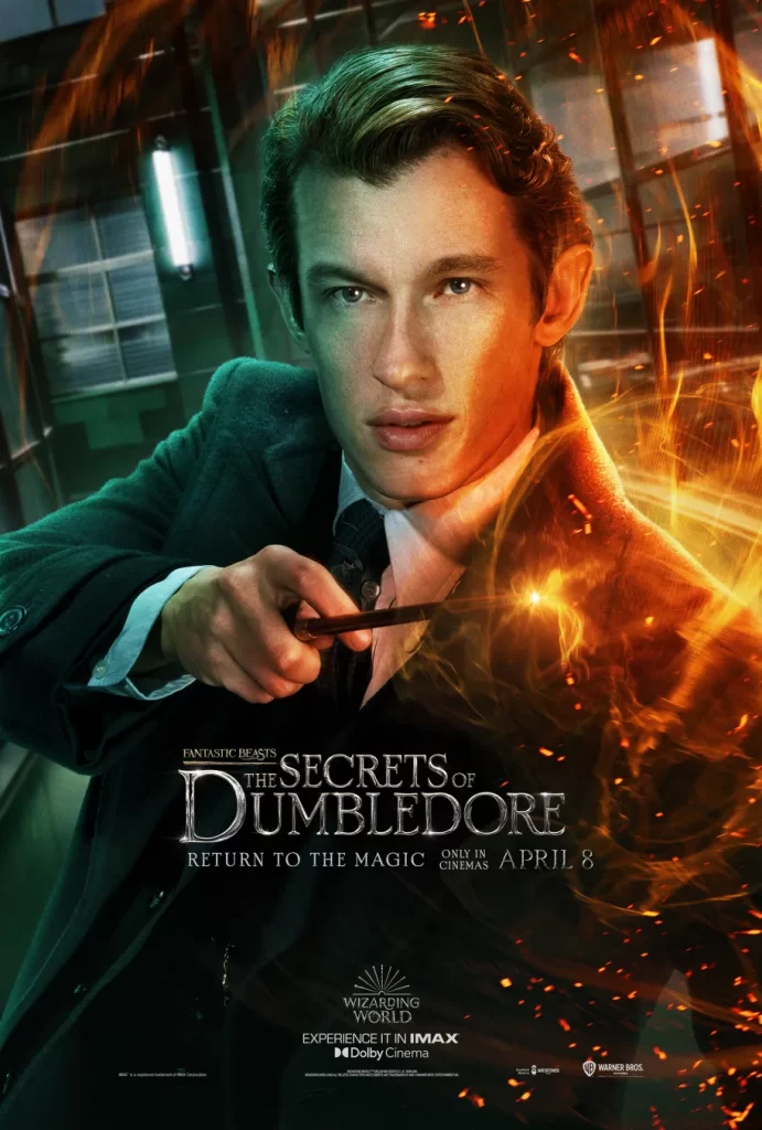 Character poster for Theseus Scamander from Fantastic Beasts: The Secrets of Dumbledore. Theseus points his wand before him, which is trailing orange sparks.