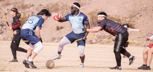 There is a one chaser holding a chaser, chaser from oponent's team is trying to hold him. In front of him is one beater who is trying to take bludger from the ground. Another beater is running in the background.