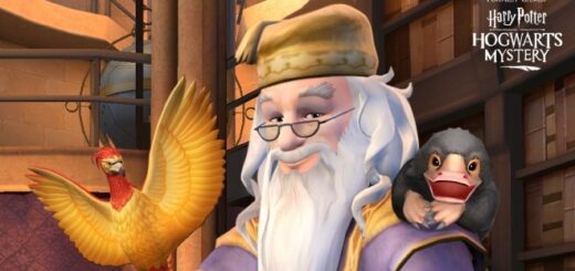 Dumbledore with magical creatures in "Harry Potter: Hogwarts Mystery"