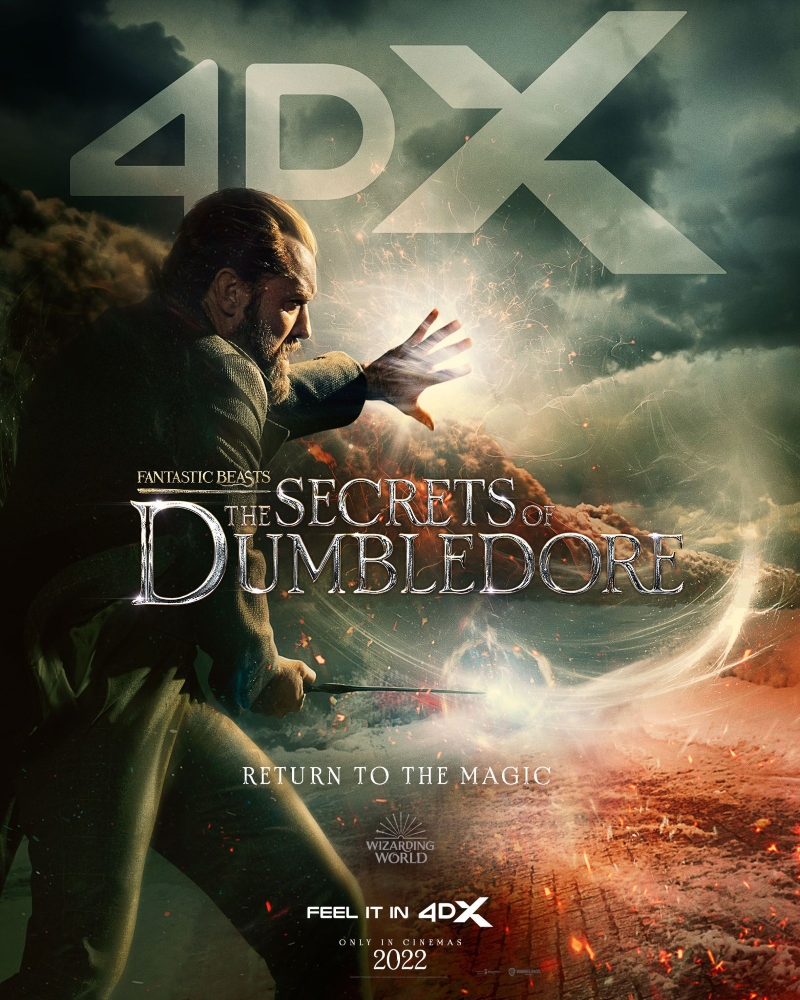 Jude Law is pictured in character as Albus Dumbledore on the 4DX poster for "Fantastic Beasts: The Secrets of Dumbledore."