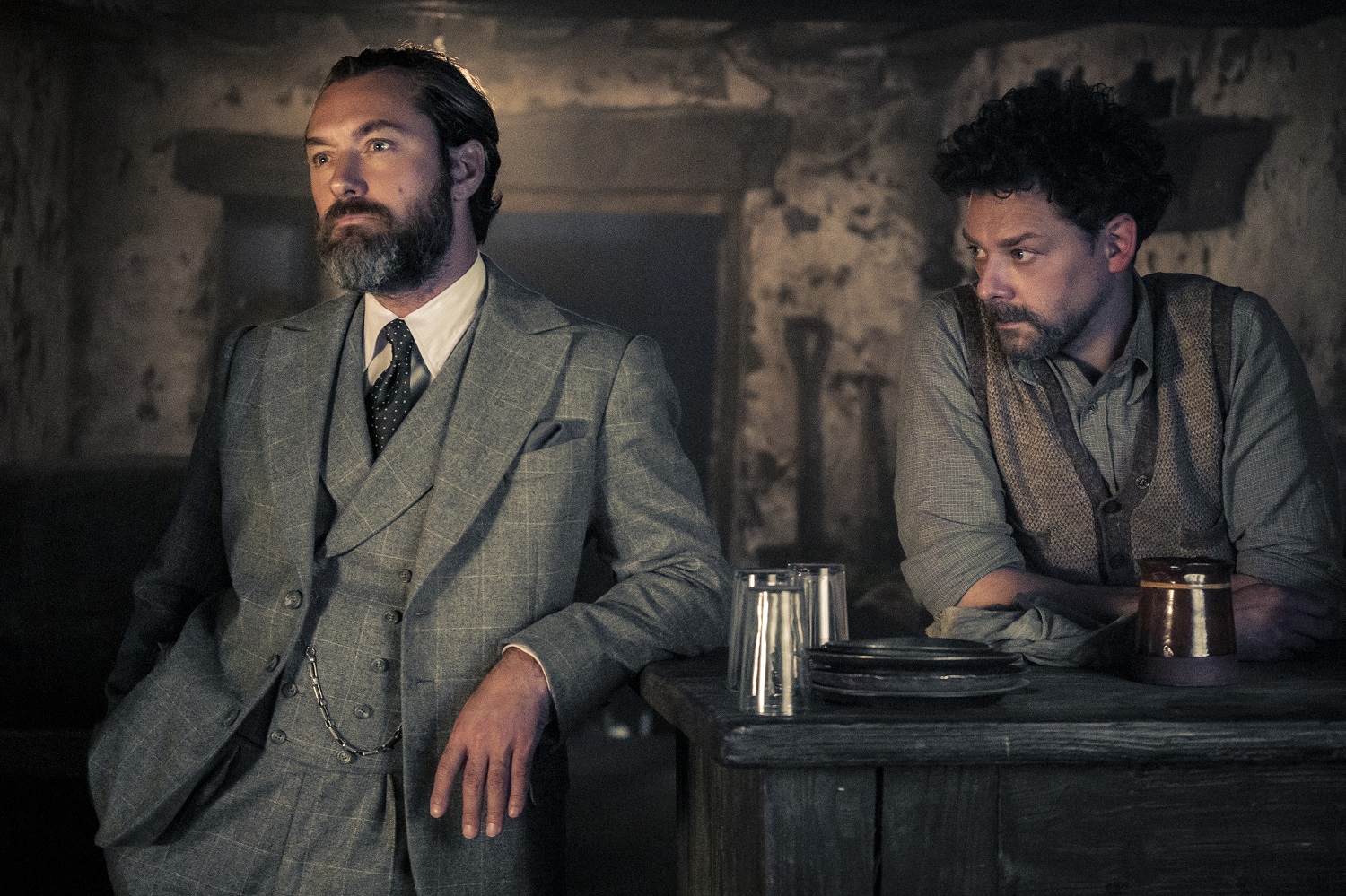 JUDE LAW as Albus Dumbledore and RICHARD COYLE as Aberforth in Warner Bros. Pictures' fantasy adventure "FANTASTIC BEASTS: THE SECRETS OF DUMBLEDORE,” a Warner Bros. Pictures release.