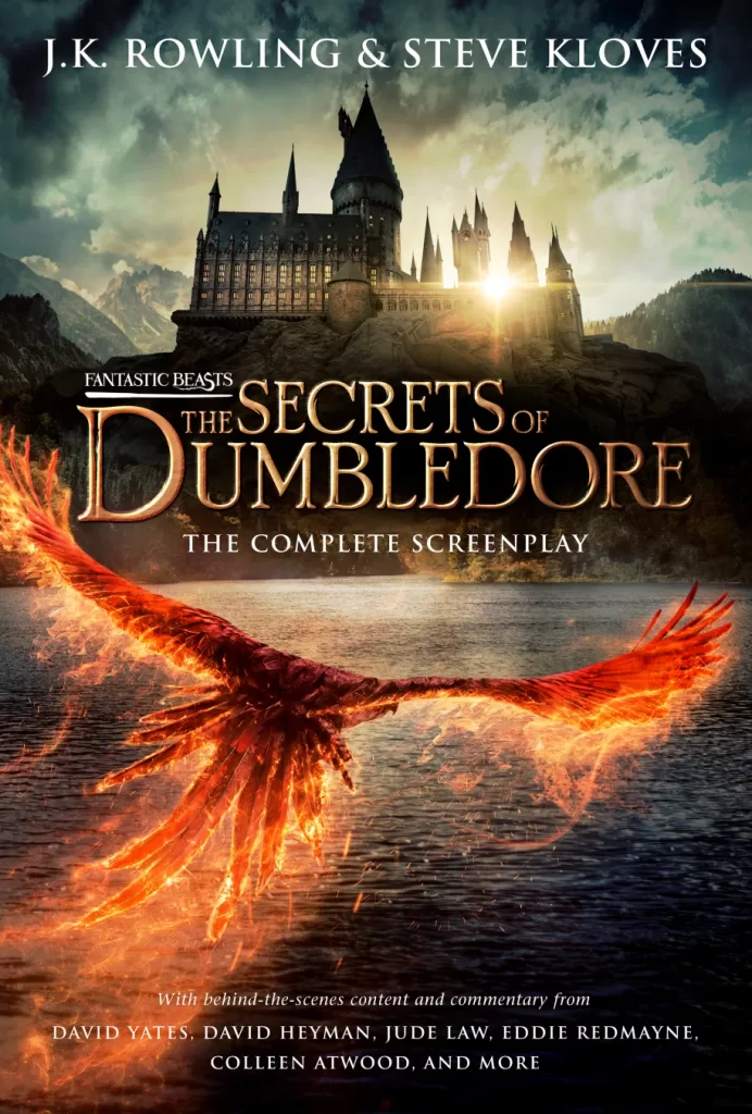 Cover image of "Fantastic Beasts: The Secrets of Dumbledore" screenplay, showing Hogwarts and fiery phoenix