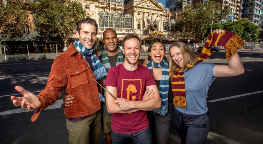 Photo of Lachlan Woods (Draco Malfoy), Michael Bani, Gareth Reeves (Harry Potter), Aisha Adari (Rose Granger-Weasley), and Lucy Goleby (Ginny Potter) by Tim Carrafa
