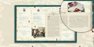 Pages from "The Magic of MinaLima" showcasing the Hogwarts acceptance letter.