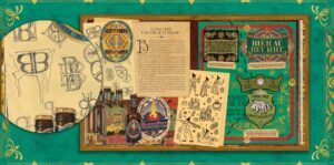 Pages from "The Magic of MinaLima" showcasing butterbeer labels.