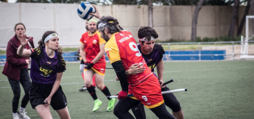 One chaser is running forward and holding a quaffle while another chaser is trying to tackle him. There is also another chaser in front of him and two players from both teams in the background.