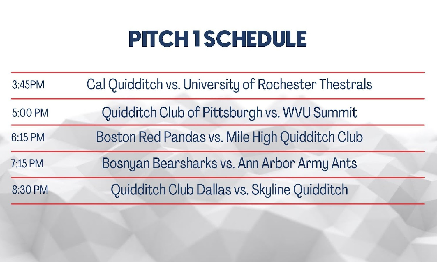 Pitch 1 will be streamed on www.twitch.tv/usquidditch.