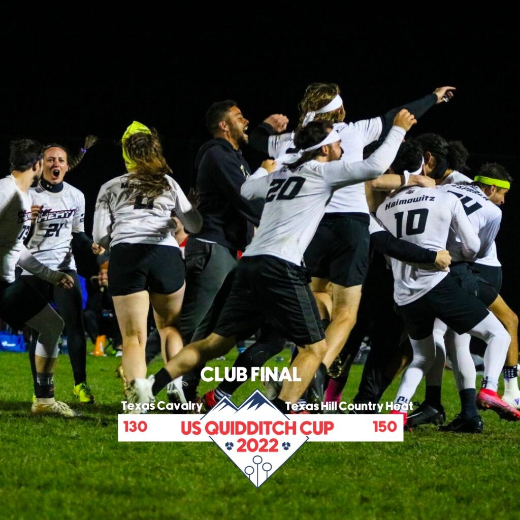 A quidditch team with players in white jerseys is celebrating winning a match. The logo of US Quidditch Cup 2022 and the final score of the game are overlaid.
