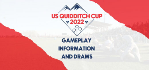 It's a red and white graphic as a introduction picture. There is a logo of US Quidditch Cup 2022 and sign "Gameplay Information and Draws" under.