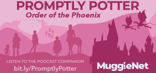 A monochrome graphic made up of various shades of pink depicts iconic parts of “Order of the Phoenix” in silhouettes. Starting from the left, we see silhouettes of Dobby, Sirius Black, Luna Lovegood, a grouping of Umbridge’s Educational Degrees hovering near Dolores herself, and Firenze the centaur. In the far back, Voldemort and Dumbledore are dueling as sparks fly between their wands. Hogwarts sits to the right of the image, and two thestrals fly above it. In bold text across the top reads, “Promptly Potter,” with a subheading of, “Order of the Phoenix” In the bottom left, muted text - accompanied by a link - reads, “Listen to the podcast companion.” The MuggleNet logo stands out in contrasting white text in the bottom right corner.