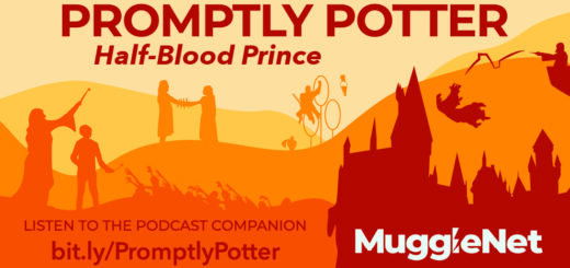 A monochrome graphic made up of various shades of orange and yellow depicts iconic parts of “Half-Blood Prince” in silhouettes. Starting from the left, we see silhouettes of Dumbledore and Harry holding their wands out as a hoard of Inferi reach up toward them, Severus Snape and Narcissa Malfoy clasping hands to initiate their Unbreakable Vow, and three Quidditch players mid-air surrounding the large goal hoops. Hogwarts sits to the right of the image. Above it, Dumbledore falls to his death as Snape shoots a bolt of magic toward the Headmaster with his wand. In bold text across the top reads, “Promptly Potter,” with a subheading of, “Half-Blood Prince” In the bottom left, muted text - accompanied by a link - reads, “Listen to the podcast companion.” The MuggleNet logo stands out in contrasting white text in the bottom right corner.