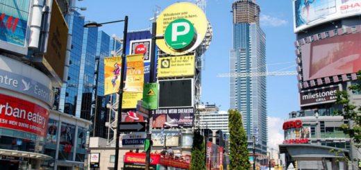 A photo from 2013 shows Toronto's Yonge-Dundas Square.