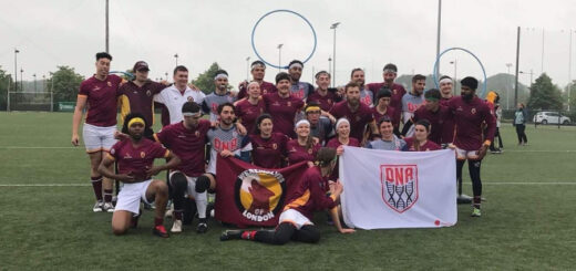 It's a group photo of quidditch team in red jerseys.