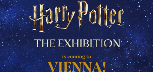 An English-language banner with text on a glittery blue background announces that "Harry Potter: The Exhibition" will be coming to Vienna.