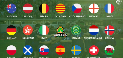 The are logo of national teams on the green background with Quidditch Ireland logo in the middle.