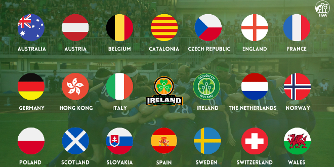 The are logo of national teams on the green background with Quidditch Ireland logo in the middle.