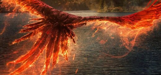 The phoenix from the "Fantastic Beasts: The Secrets of Dumbledore" poster, possibly Fawkes, flying over the Hogwarts lake