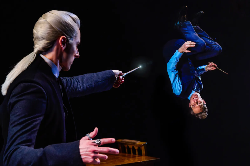Actors Lachlan Woods (Draco Malfoy) and Gareth Reeves (Harry Potter) during a wizarding duel in the production of "Harry Potter and the Cursed Child"
