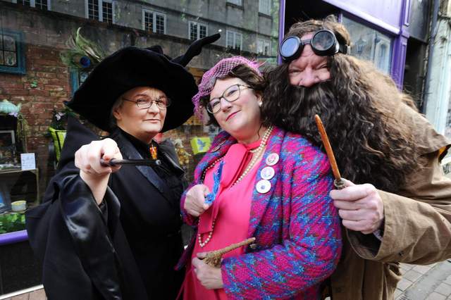 Cosplayers of McGonagall, Umbridge, and Hagrid attend the opening of Whimsic Alley in Falkirk, Scotland.