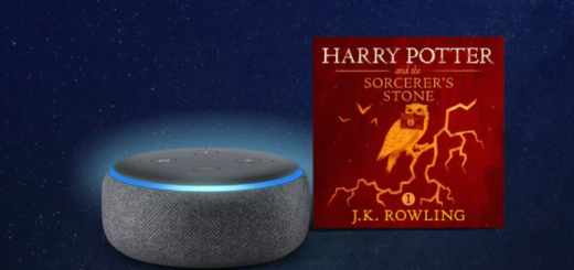 An Amazon Alexa device with the cover of the "Harry Potter and the Philosopher's Stone" audiobook.