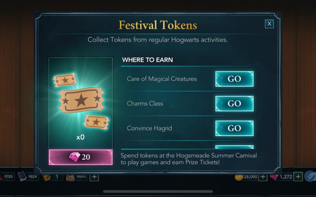 Information on Tokens for the Hogwarts Summer Carnival adventure in "Harry Potter: Hogwarts Mystery"