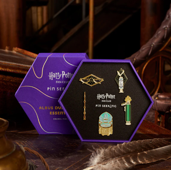Dumbledore-themed enamel pins from Harry Potter Fan Club.