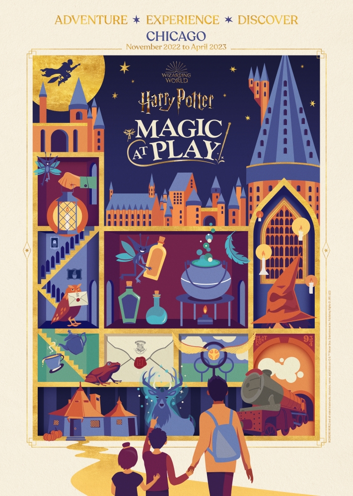 A poster featuring artwork for the debut of Harry Potter: Magic at Play in Chicago is shown.