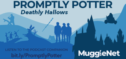 A monochrome graphic made up of various shades of blue depicts iconic parts of “Deathly Hallows” in silhouettes. Starting from the left, we see silhouettes of Neville - sword of Gryffindor in hand - slaying Nagini, the Three Brothers meeting with Death, the Elder wand, and Ron, Hermione, and Harry standing on a hill in front of their tent. Hogwarts sits to the right of the image. Above it, Hagrid rides his flying motorbike. In bold text across the top reads, “Promptly Potter,” with a subheading of, “Deathly Hallows” In the bottom left, muted text - accompanied by a link - reads, “Listen to the podcast companion.” The MuggleNet logo stands out in contrasting white text in the bottom right corner.