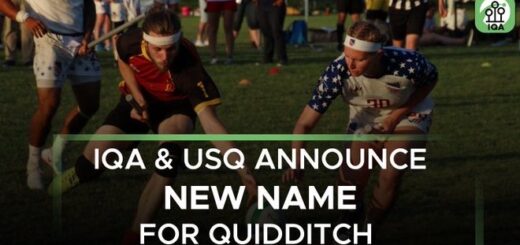 Two Quadball players are pictured in the background with the text "IQU & USQ announce new name for quidditch" overlaying the image.