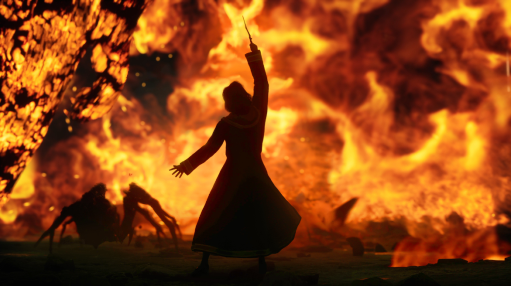 An image showing swirling fire and a giant spider from Hogwarts Legacy.