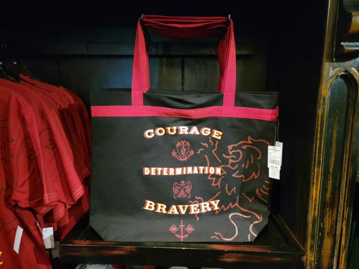 A Gryffindor tote available at Universal Studios Hollywood features the House’s attributes and includes a red handle.