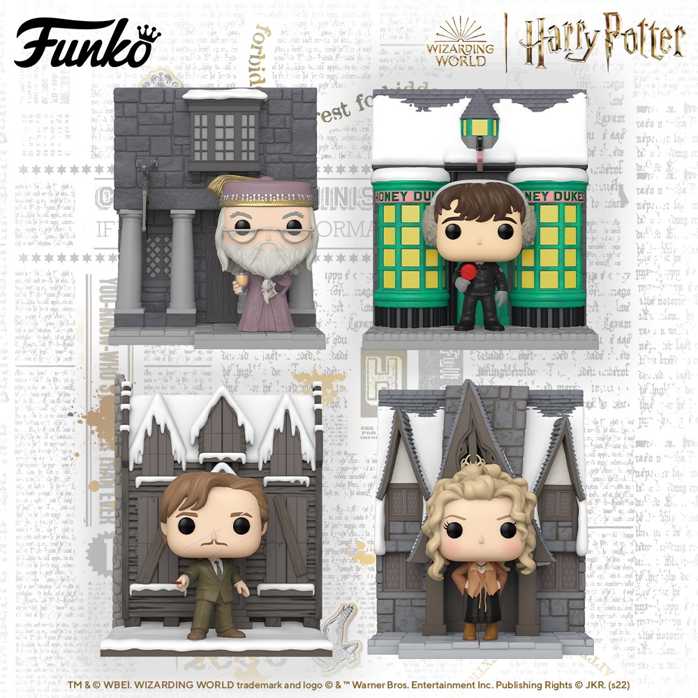 Four new Funko Pop!s feature Dumbledore outside of the Hog’s Head Inn, Remus Lupin in front of the Shrieking Shack, Neville Longbottom outside of Honeyduke’s, and Madame Rosmerta outside of the Three Broomsticks.