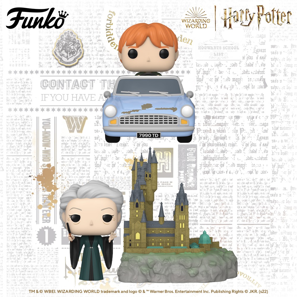 Two new Funko Pop!s feature Ron Weasley in the flying Ford Anglia and Professor McGonagall outside of Hogwarts castle.