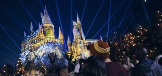 Hogwarts Castle with festive lights at Universal Orlando Resort