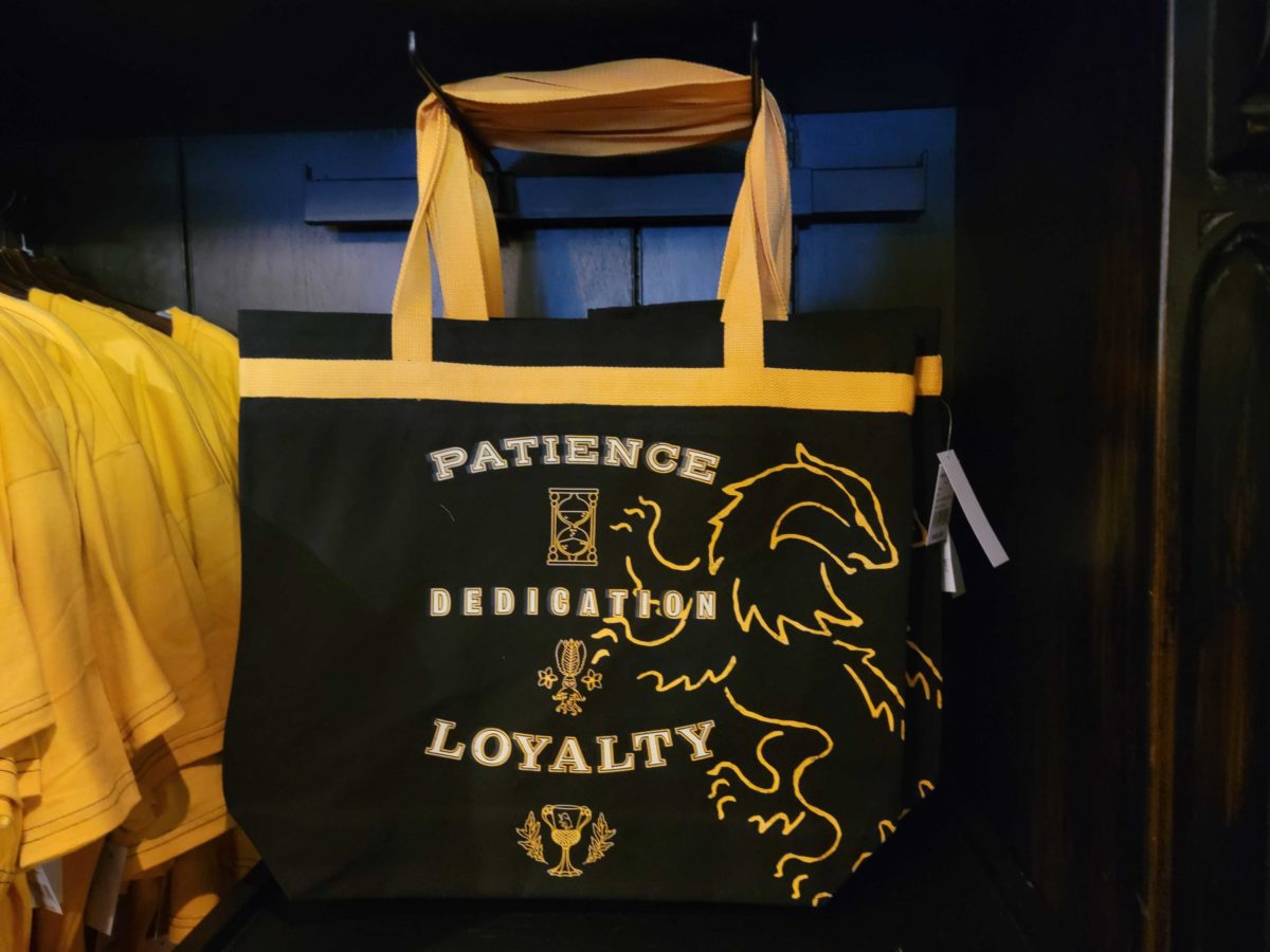A Hufflepuff tote available at Universal Studios Hollywood features the House’s attributes and includes a yellow handle.