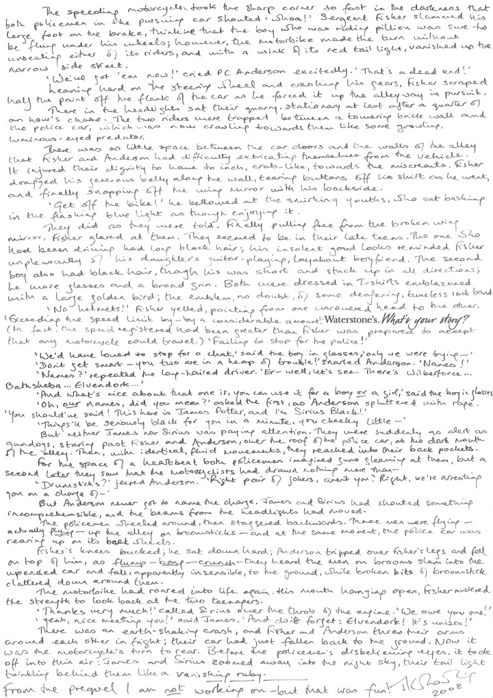 A handwritten copy of the 800-word 'James & Sirius' prequel