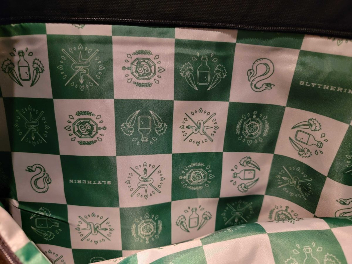 The interior of the Slytherin tote at Universal Studios Hollywood features a checkerboard design using the House colors of green and silver.