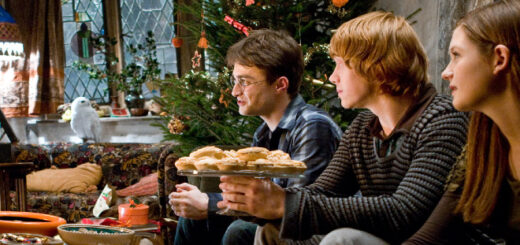 Harry, Ron and Ginny in the Burrow at Christmas.