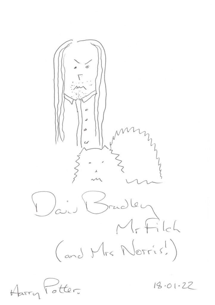 A doodle by David Bradley of Mr. Filch and Mrs. Norris.