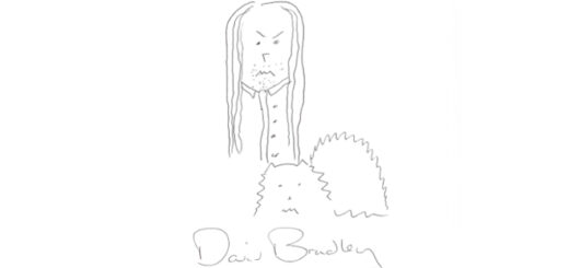 A doodle of Argus Filch and Mrs. Norris drawn by David Bradley.