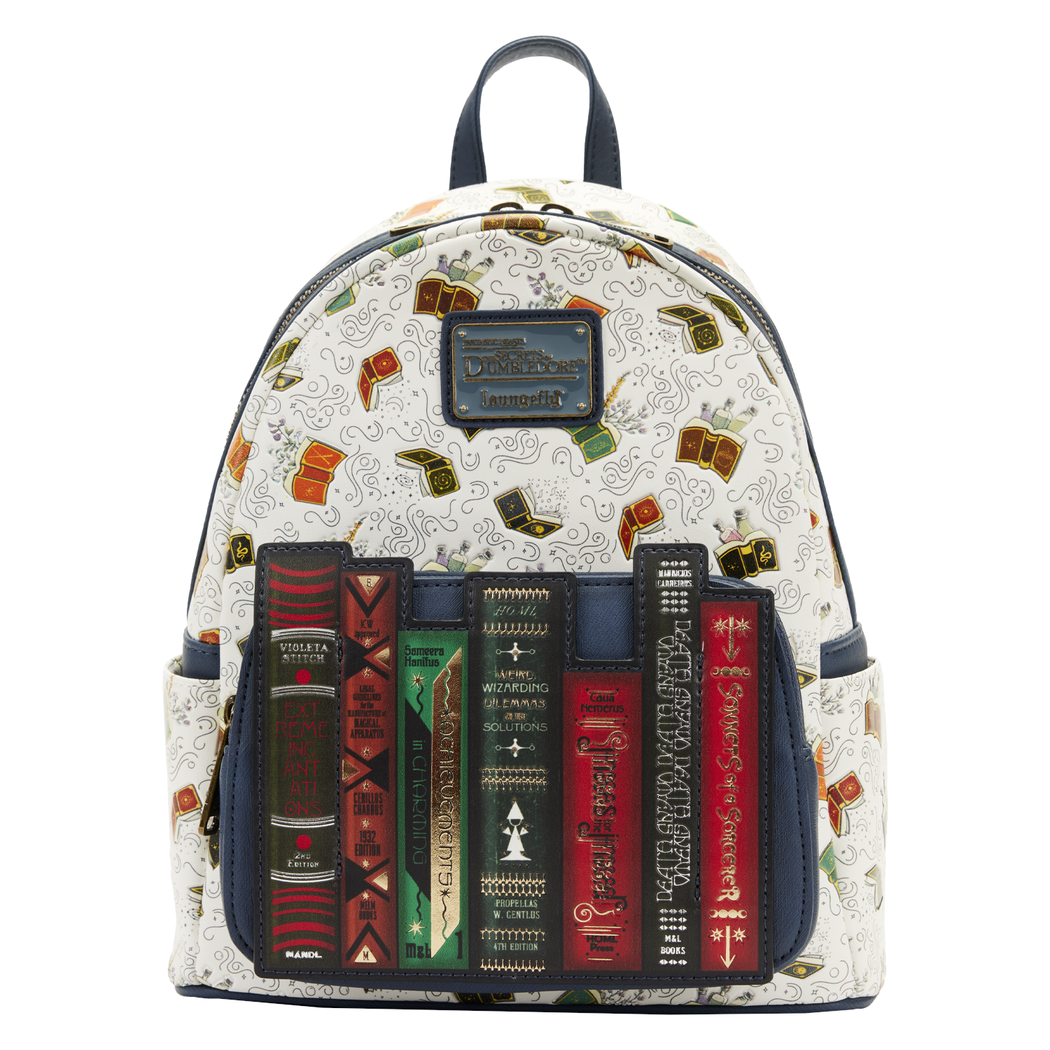 The Fantastic Beasts Magical Mini Backpack features a front pocket adorned with magical textbooks.