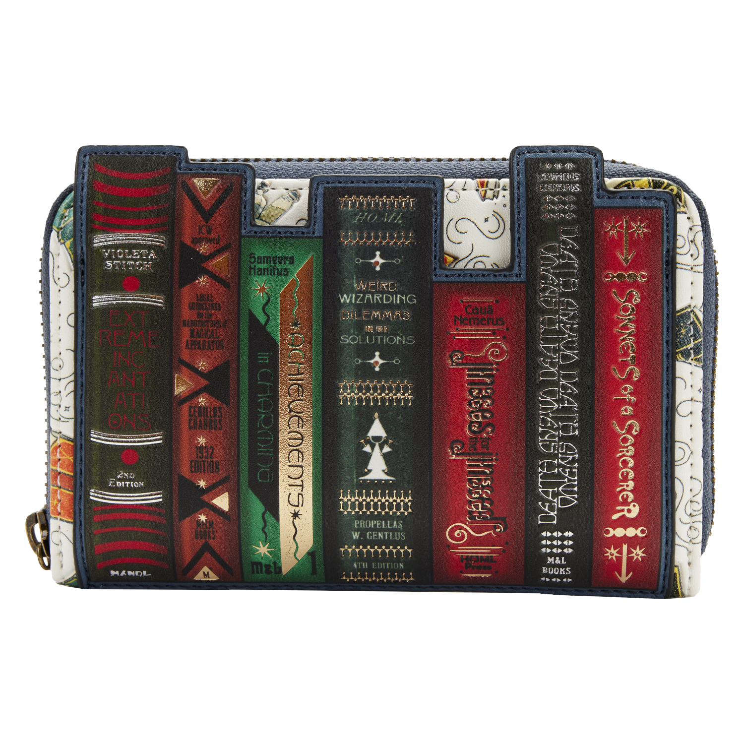 The Fantastic Beasts Magical Books Zip Around Wallet matches the backpack and crossbody bag with its textbook theme.
