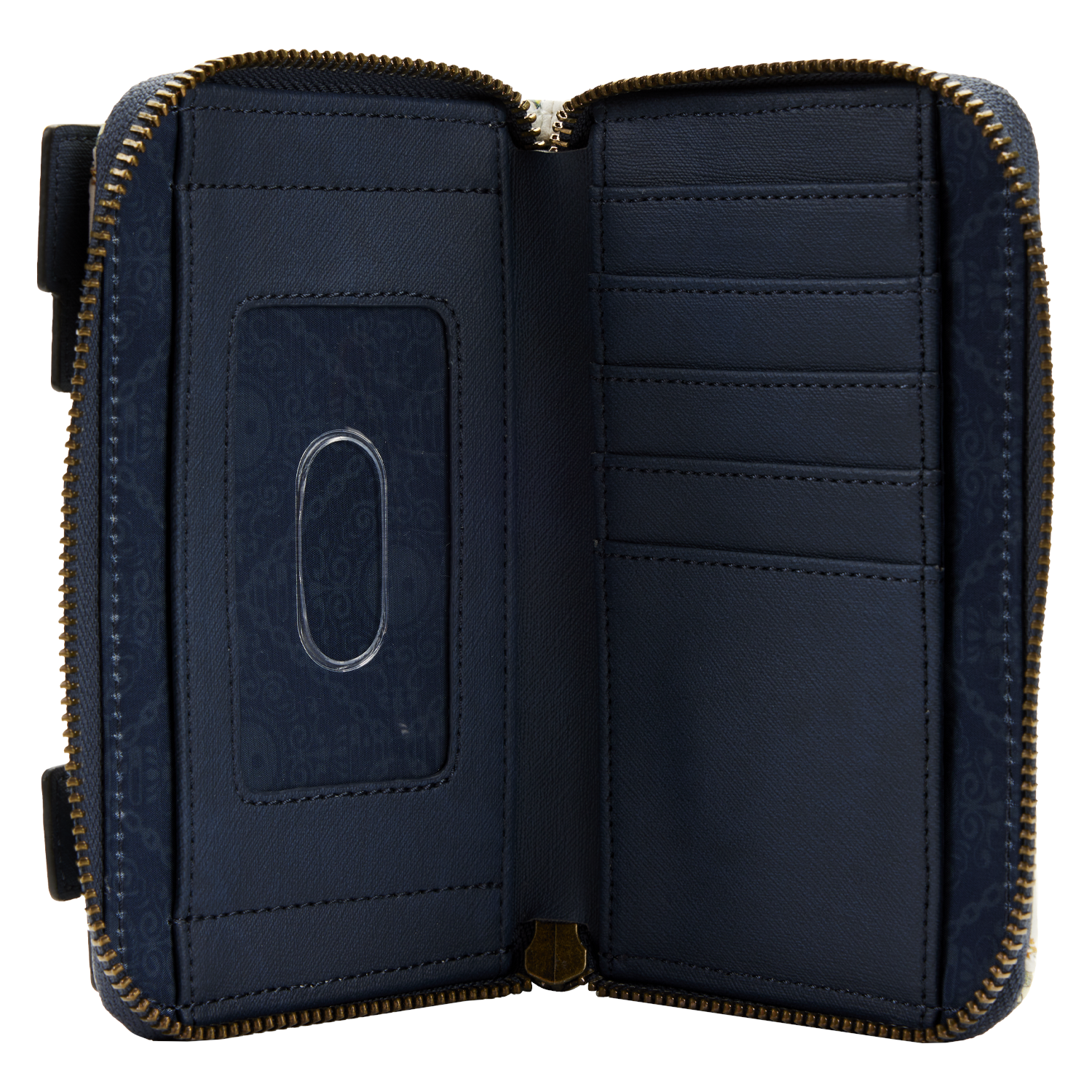The wallet contains five slots for cards and a clear compartment to hold an ID.