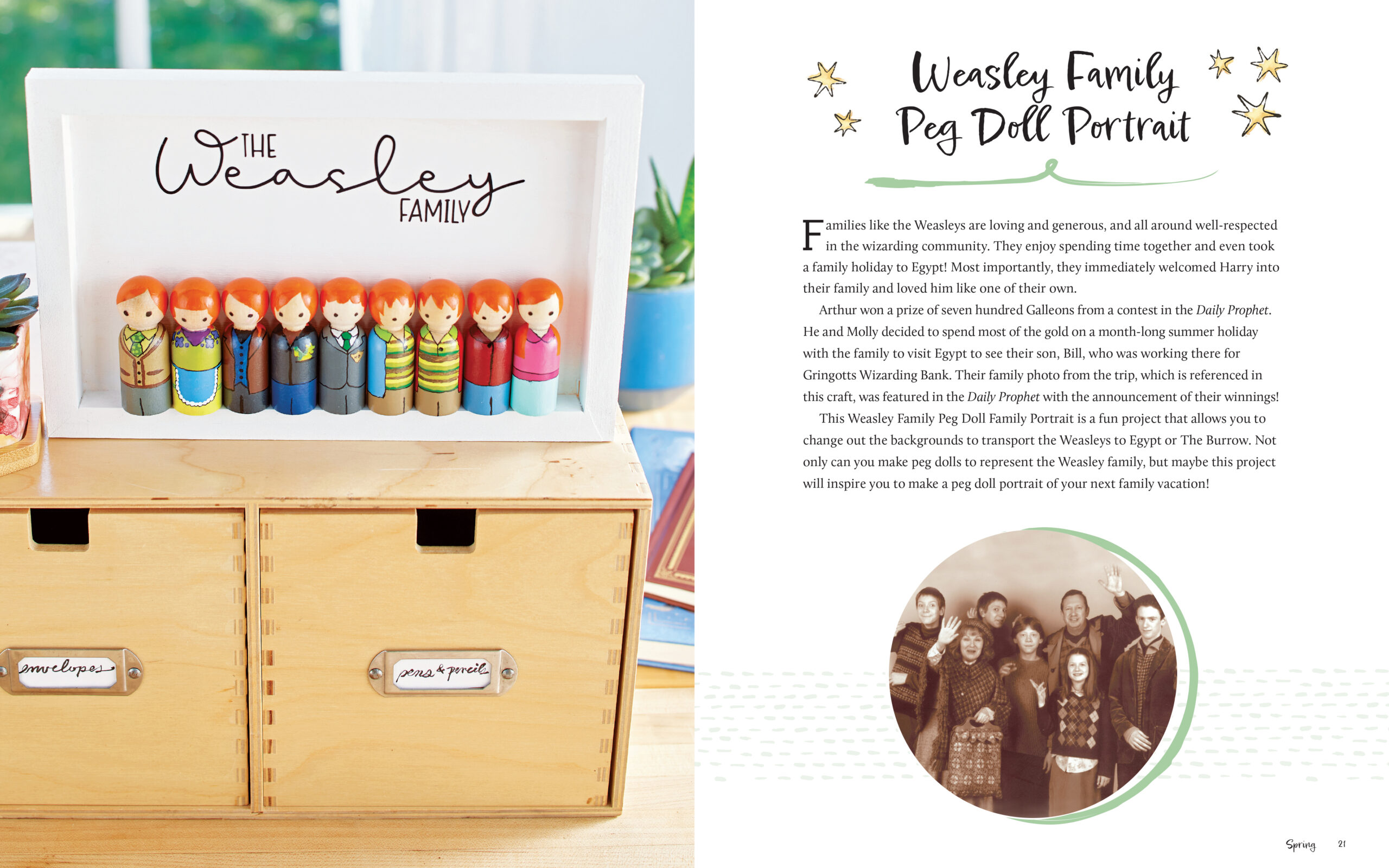 “Harry Potter: Homemade” features instructions for a Weasley family peg doll portrait.